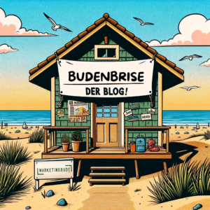 Eine Bude im Strand an der Nordsee, als Comic gezeichnet. Auf einem Banner welches über der Tür hängt steht "Budenbrise - der Blog".